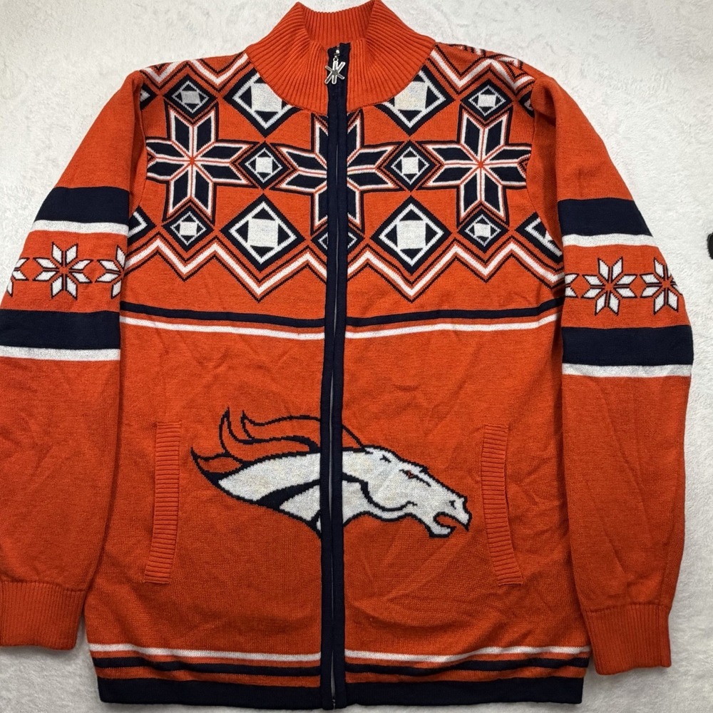 NFL Denver Broncos Gift Men's Ugly Christmas Sweater Zip Front Jacket, Large